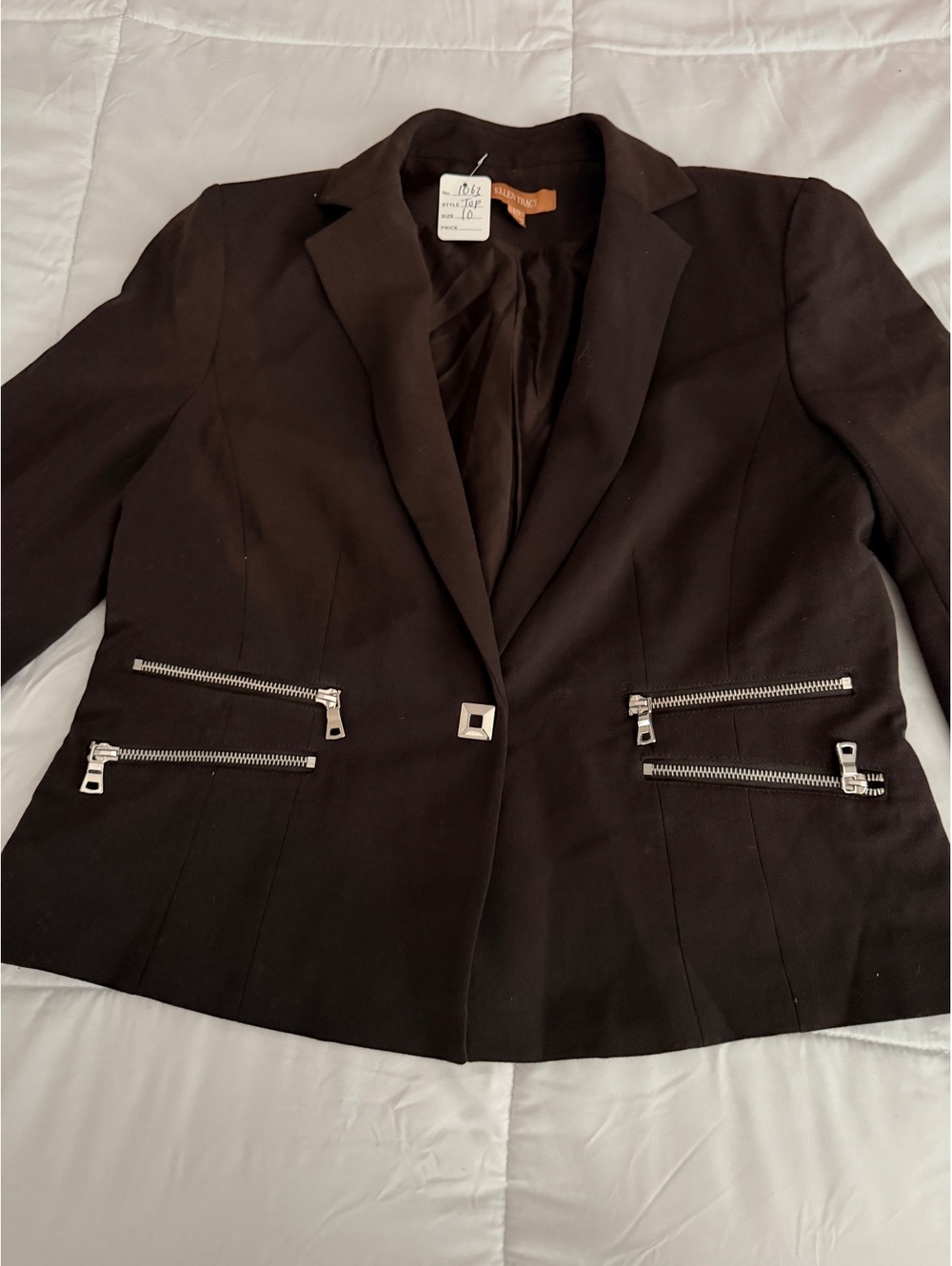 Ellen Tracy Women's Black Blazer with Silver Zipper Details,